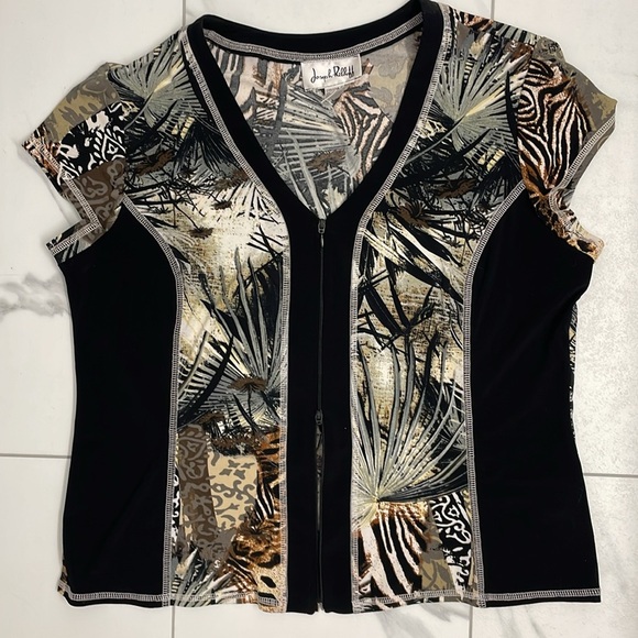 Joseph Ribkoff Top Black/Tan Jungle Print V Neck Cap Sleeve 2 Way Zipper Size 18 - Picture 12 of 12
